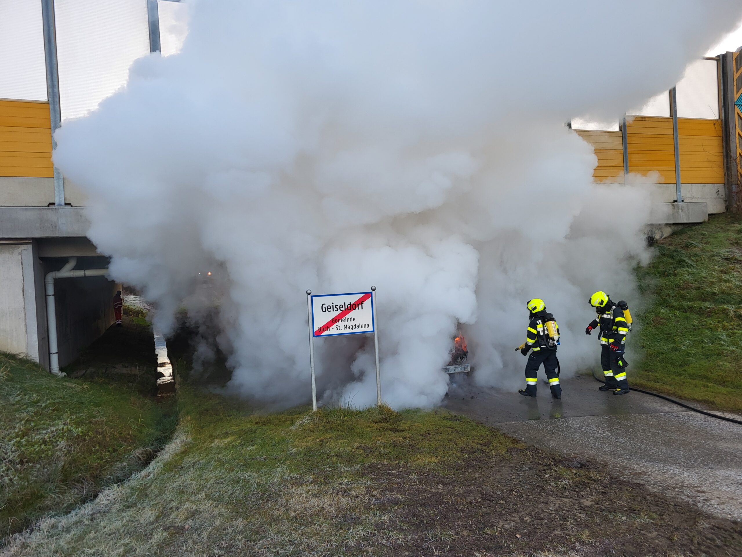 PKW Brand unter Autobahnbrücke